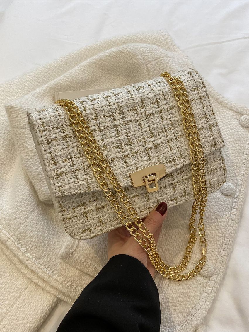 Plaid Pattern Flap Chain Tweed Square Bag