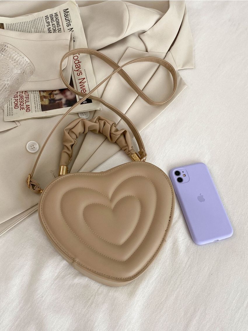 Neon-Red Quilted Detail Top Handle Heart Design Novelty Bag