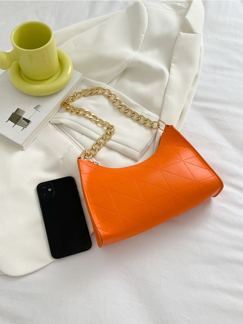 Neon-Orange Stitch Detail Chain Baguette Bag
