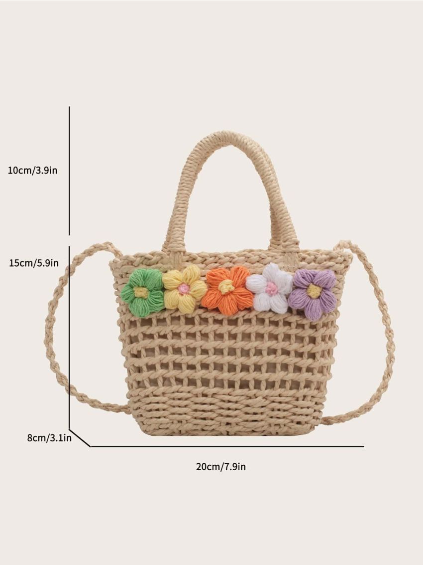 Mini Flower Decor Drawstring Design Straw Bag