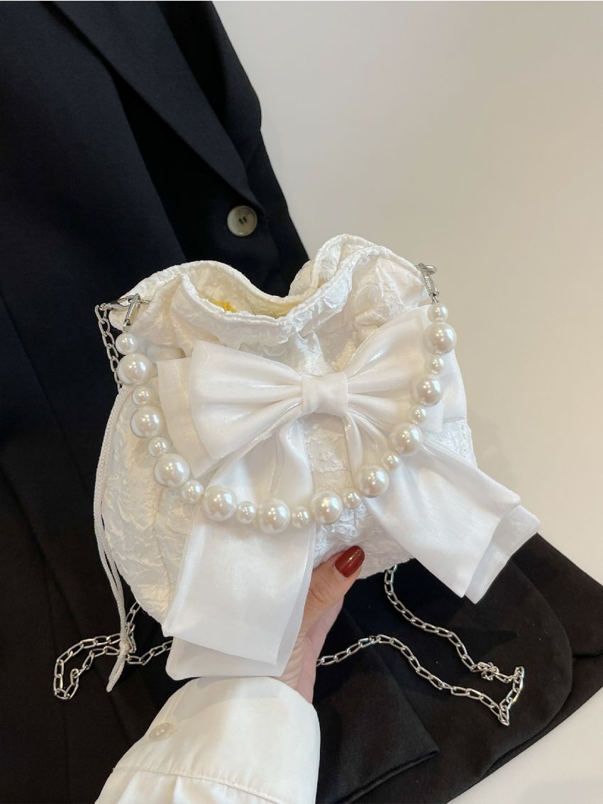 Mini Faux Pearl & Bow Decor Textured Chain Bucket Bag
