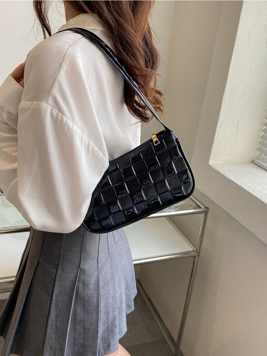 Checkered Embossed Baguette Bag
