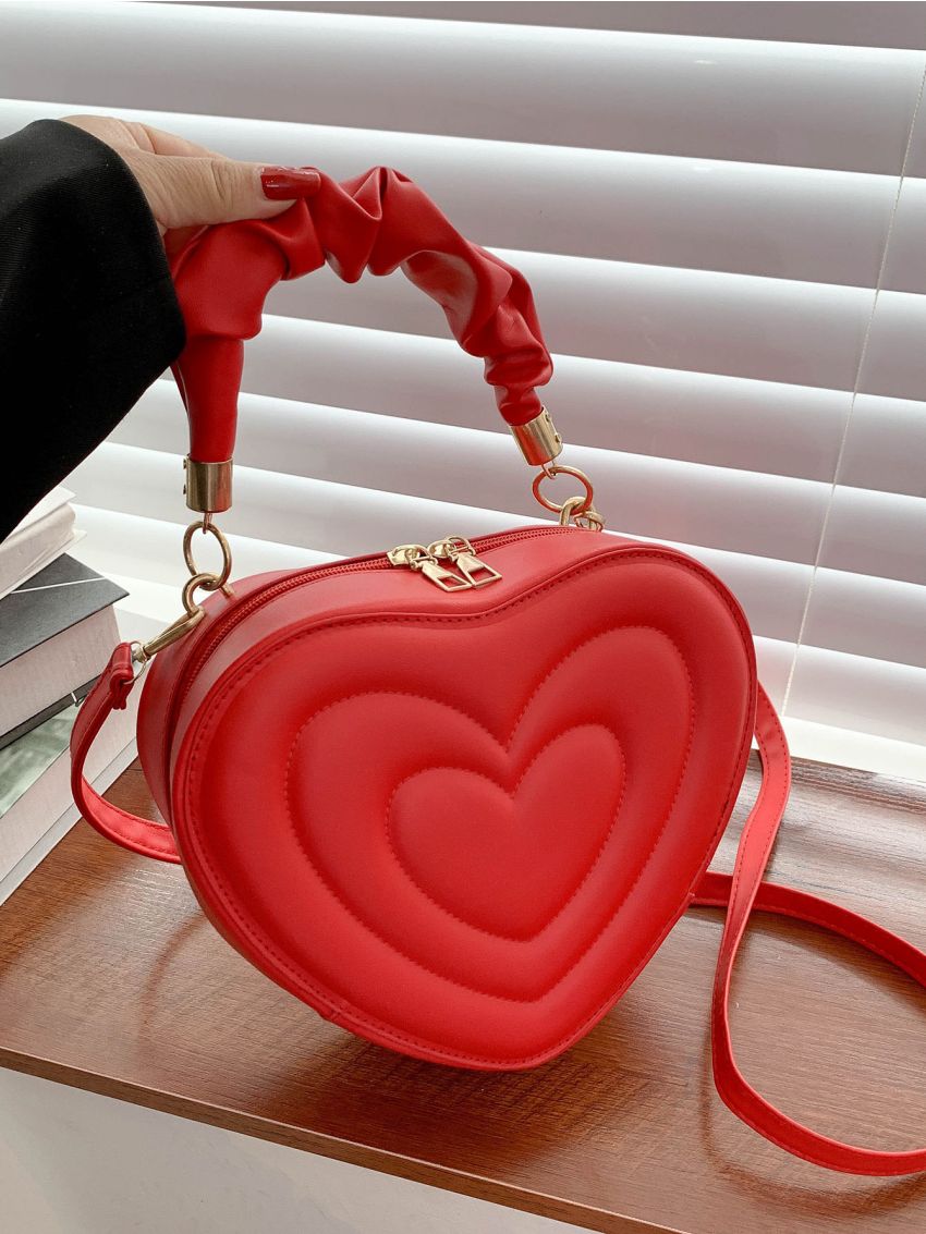 Neon-Red Quilted Detail Top Handle Heart Design Novelty Bag
