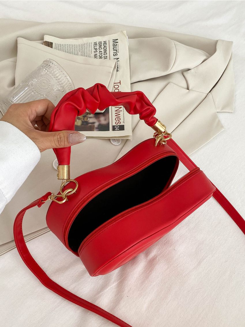 Neon-Red Quilted Detail Top Handle Heart Design Novelty Bag