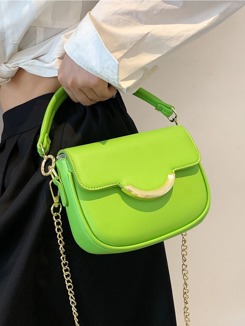 Mini Neon Green Flap Metal Decor Square Bag