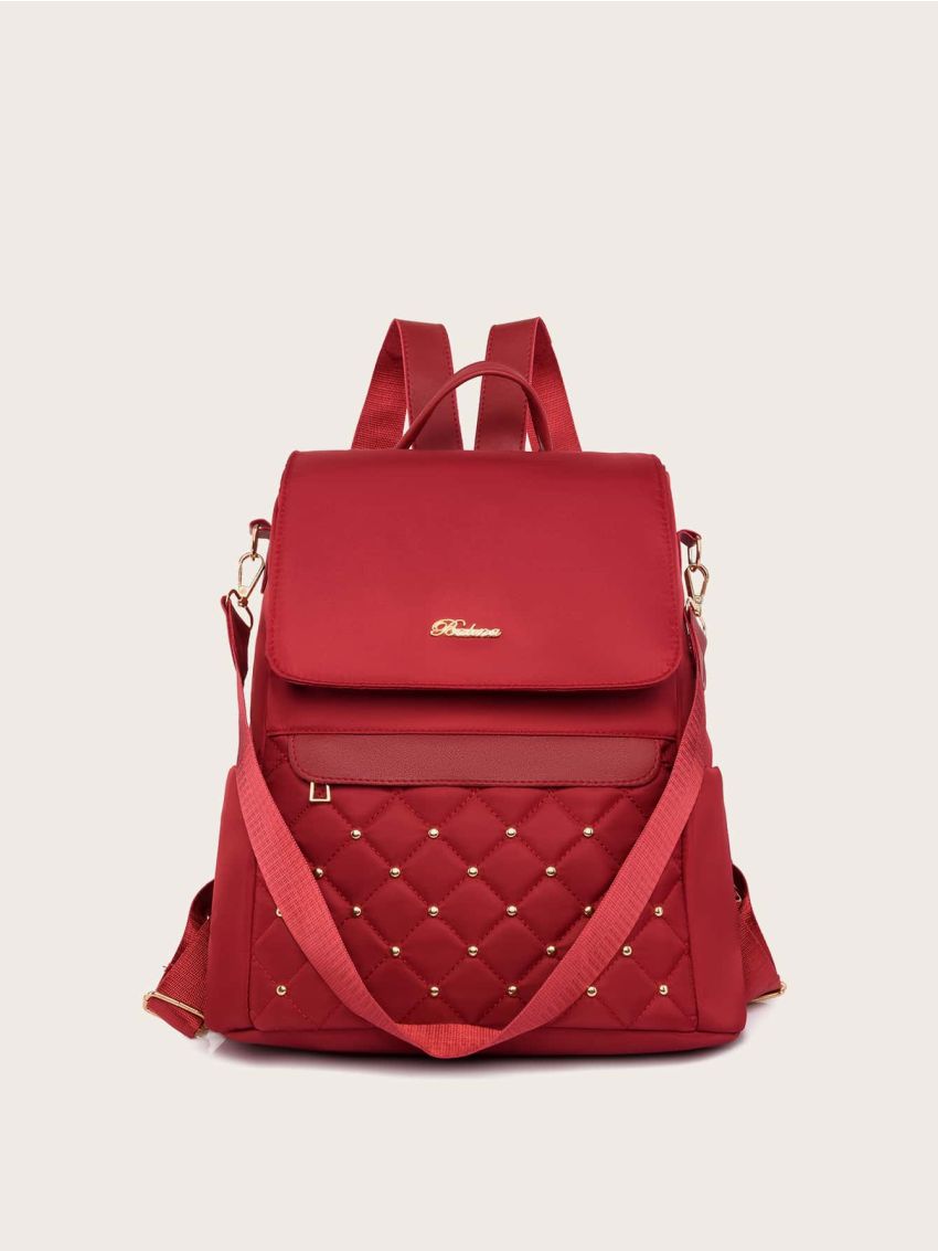 Letter & Studded Decor Quilted Flap Backpack
