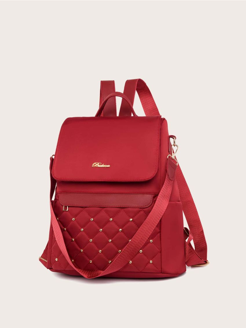 Letter & Studded Decor Quilted Flap Backpack