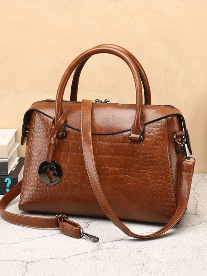 Crocodile Embossed Tote Bag With Letter Bag Charm