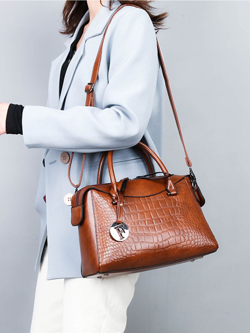 Crocodile Embossed Tote Bag With Letter Bag Charm