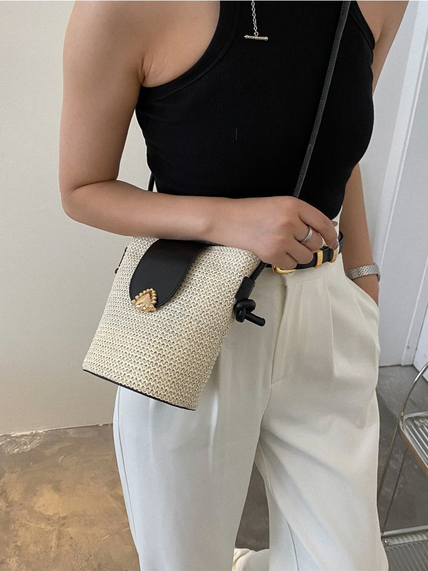 Metal Decor Straw Bag Mini Flap For Vacation Travel