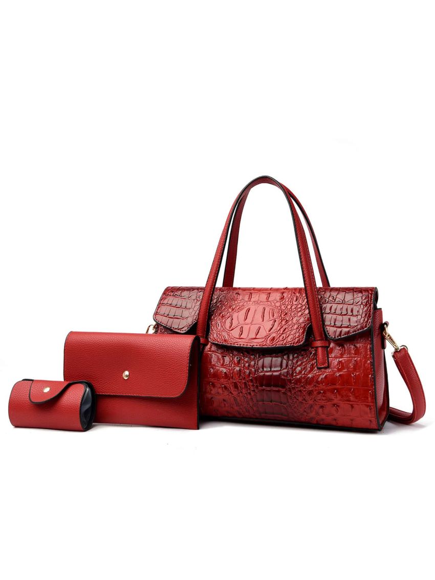 3pcs Crocodile Embossed Flap Tote Bag Set, Best Work Bag For Women