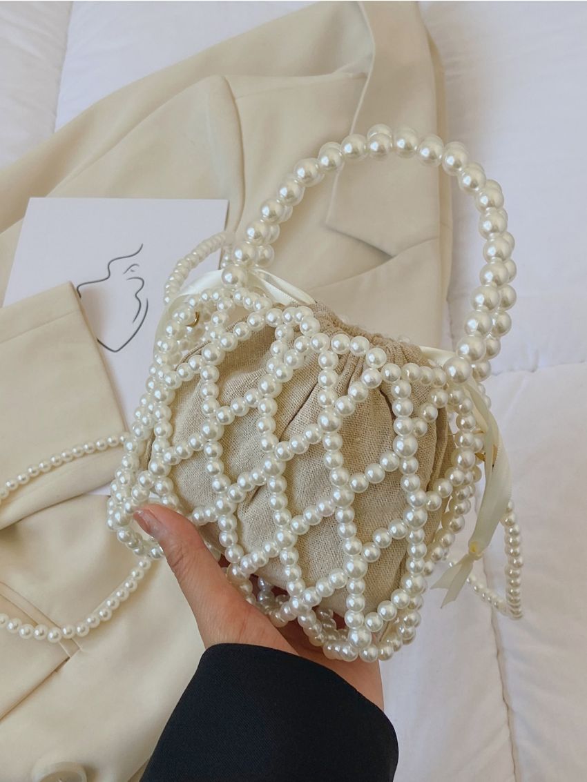 Mini Faux Pearl Chain Bucket Bag With Inner Pouch