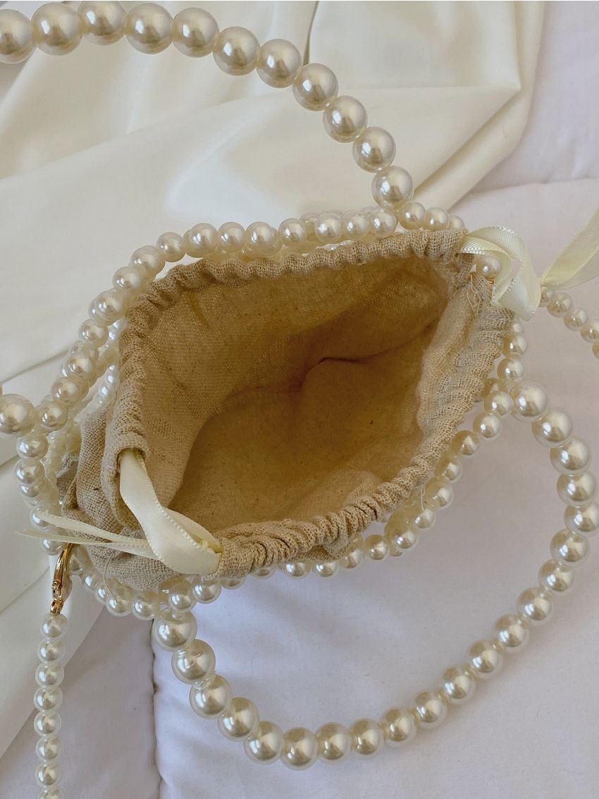 Mini Faux Pearl Chain Bucket Bag With Inner Pouch