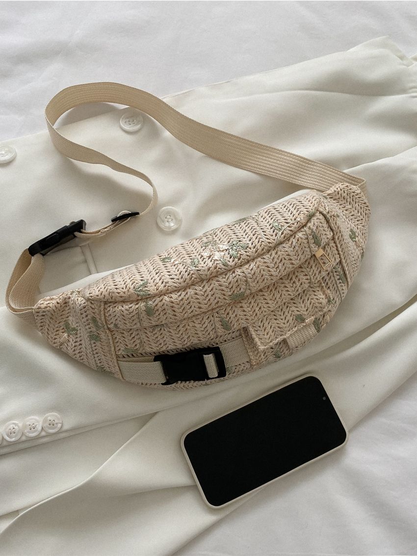 Mini Floral Embroidered Release Buckle Decor Straw Bag