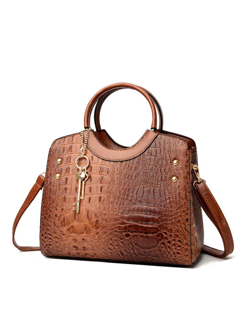 3pcs Crocodile Embossed Studded Decor Square Bag Set