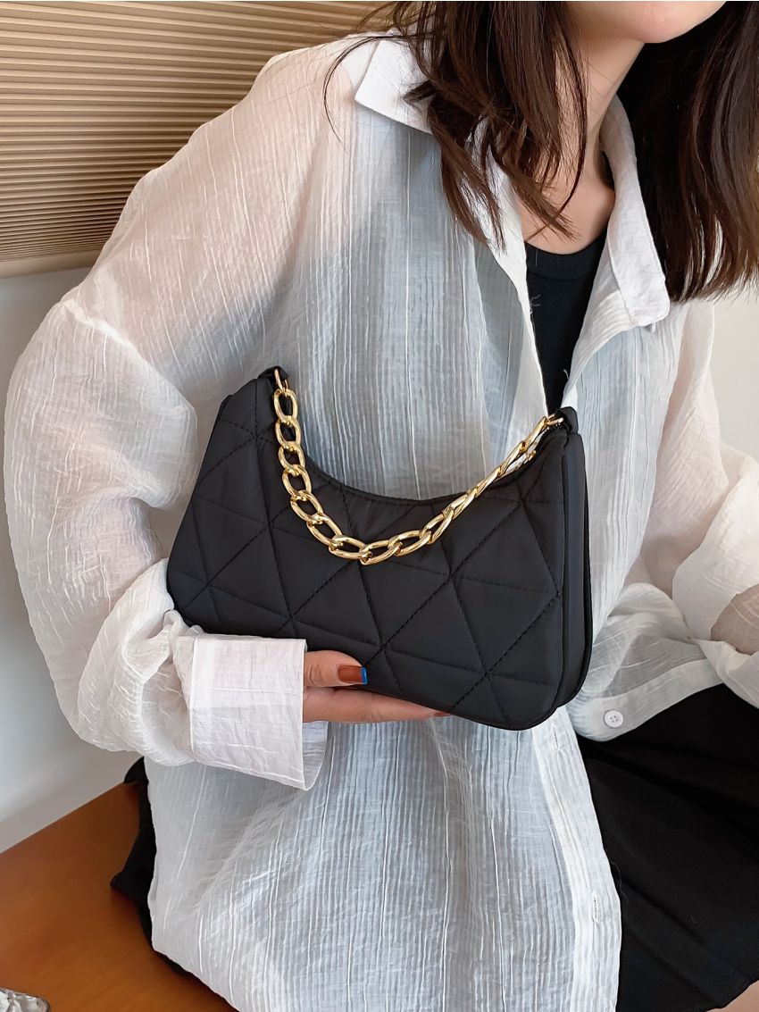 Quilted Detail Chain Hobo Bag