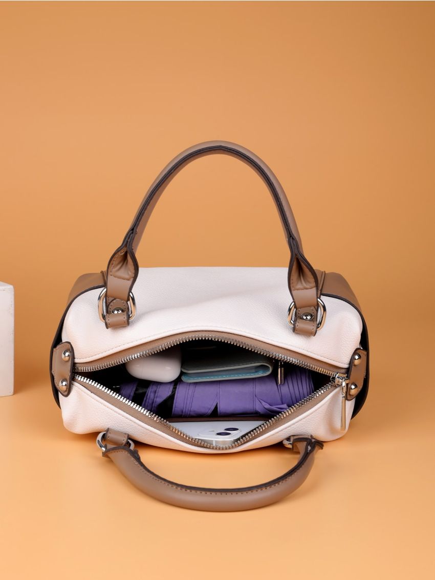 Two Tone Letter & Litchi Embossed Boston Bag