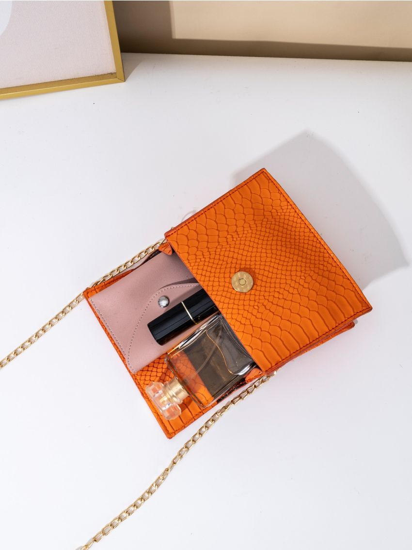 Mini Neon Orange Snakeskin Embossed Flap Square Bag
