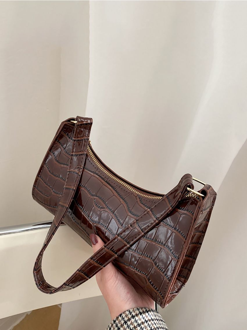 Crocodile Embossed Baguette Bag