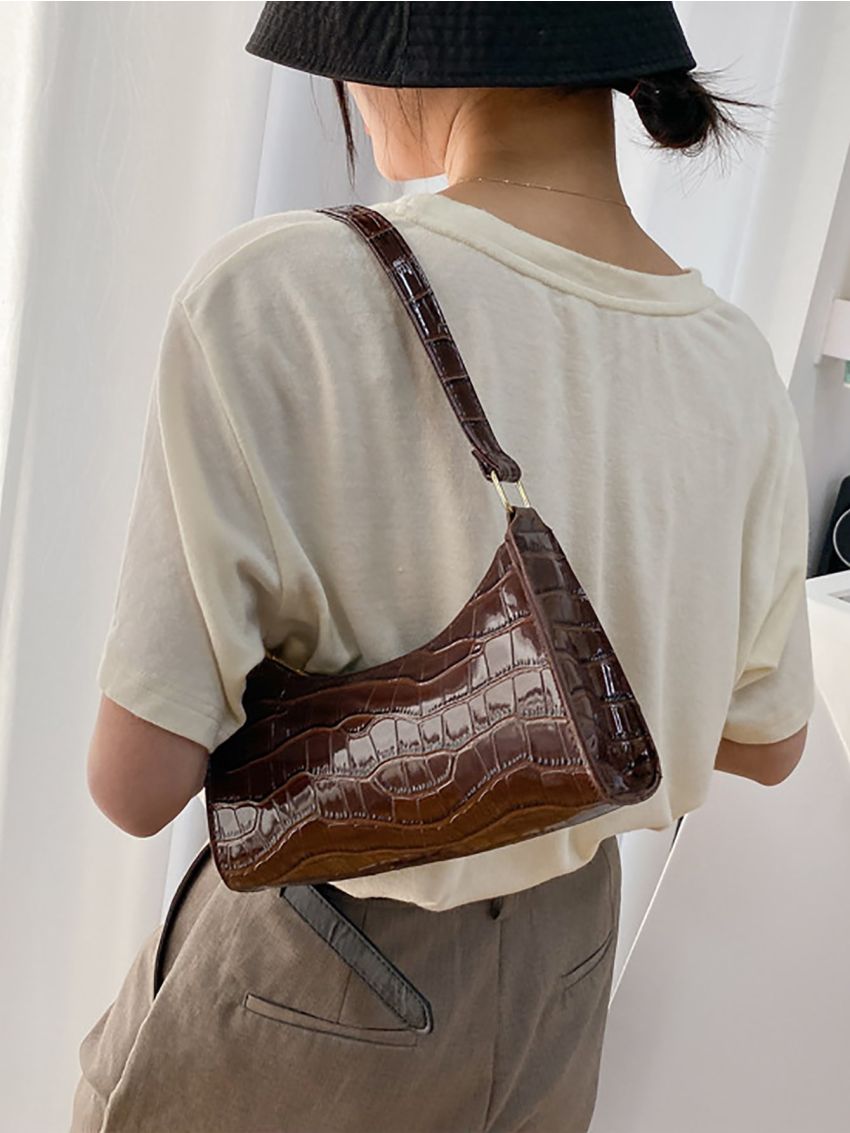 Crocodile Embossed Baguette Bag
