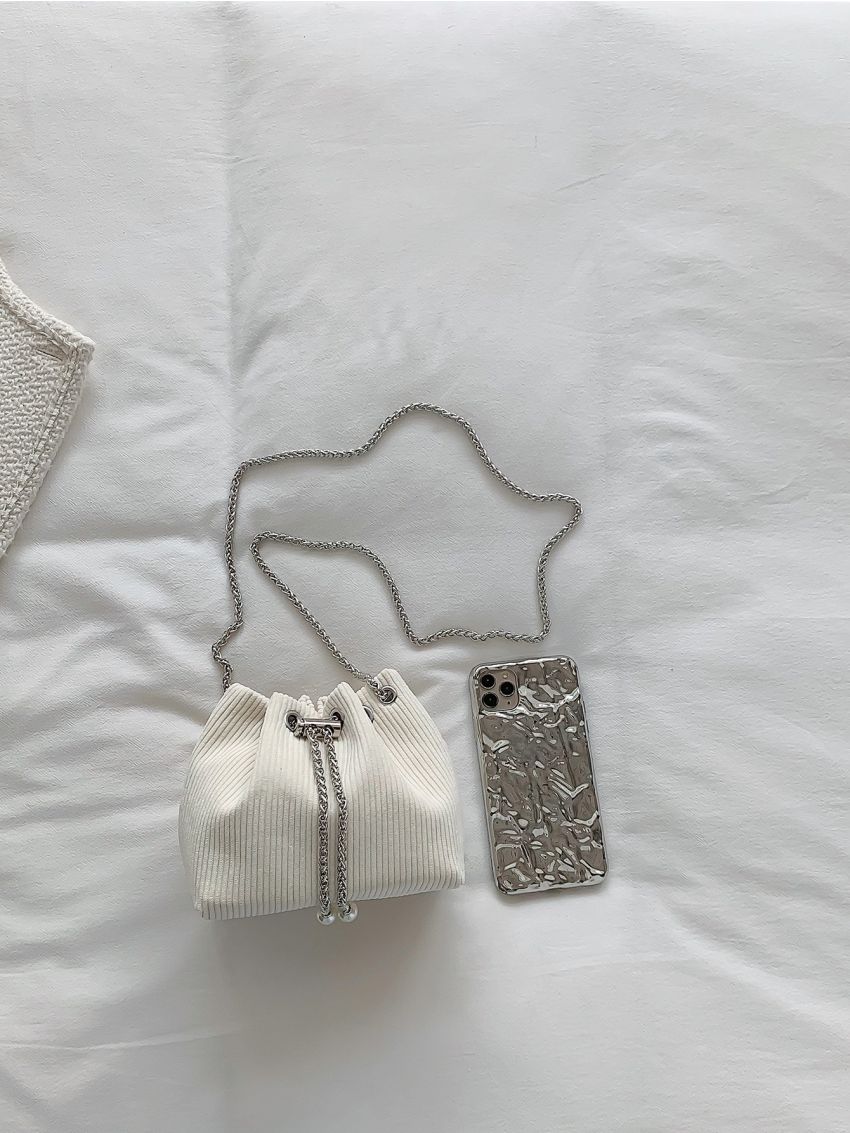 Mini Corduroy Chain Bucket Bag, Metal Drawstring Design Purse, Women's Crossbody Bag