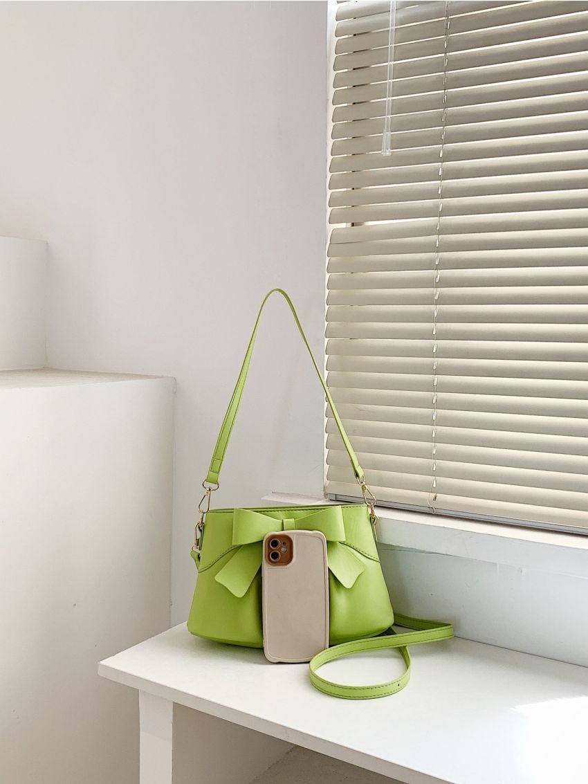 Neon Lime Bow Decor Ruched Bag