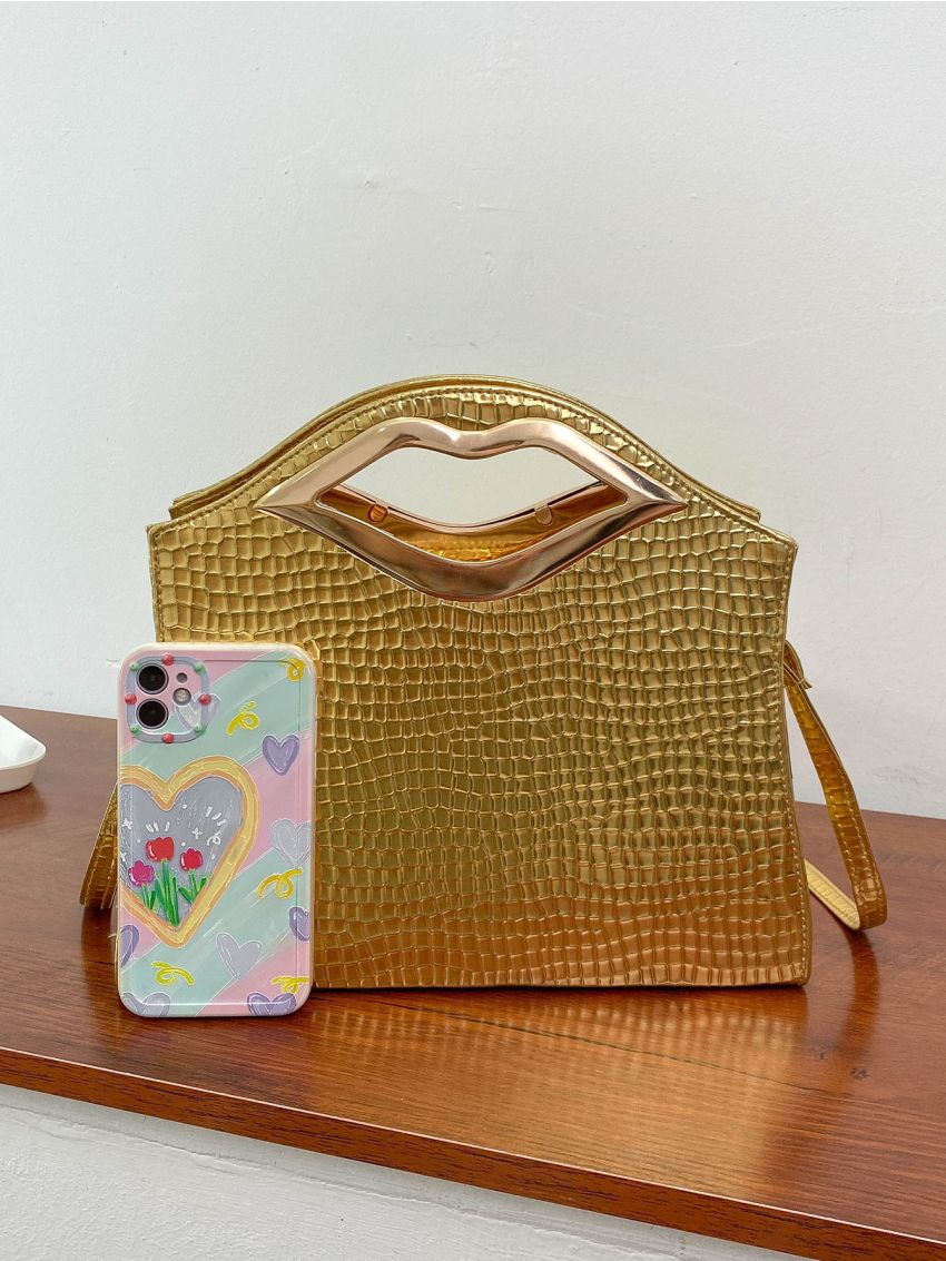 Metallic Crocodile Embossed Square Bag