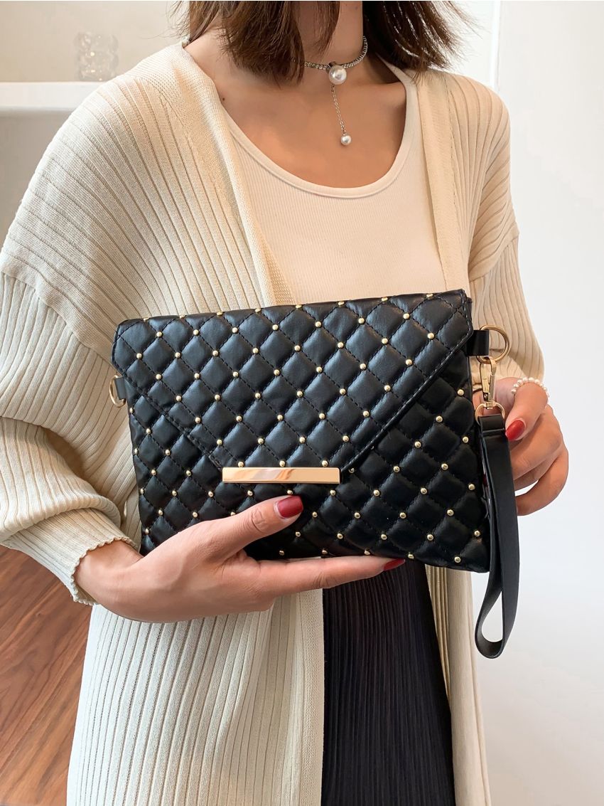 Quilted Studded Decor Flap Square Bag With Wristlet