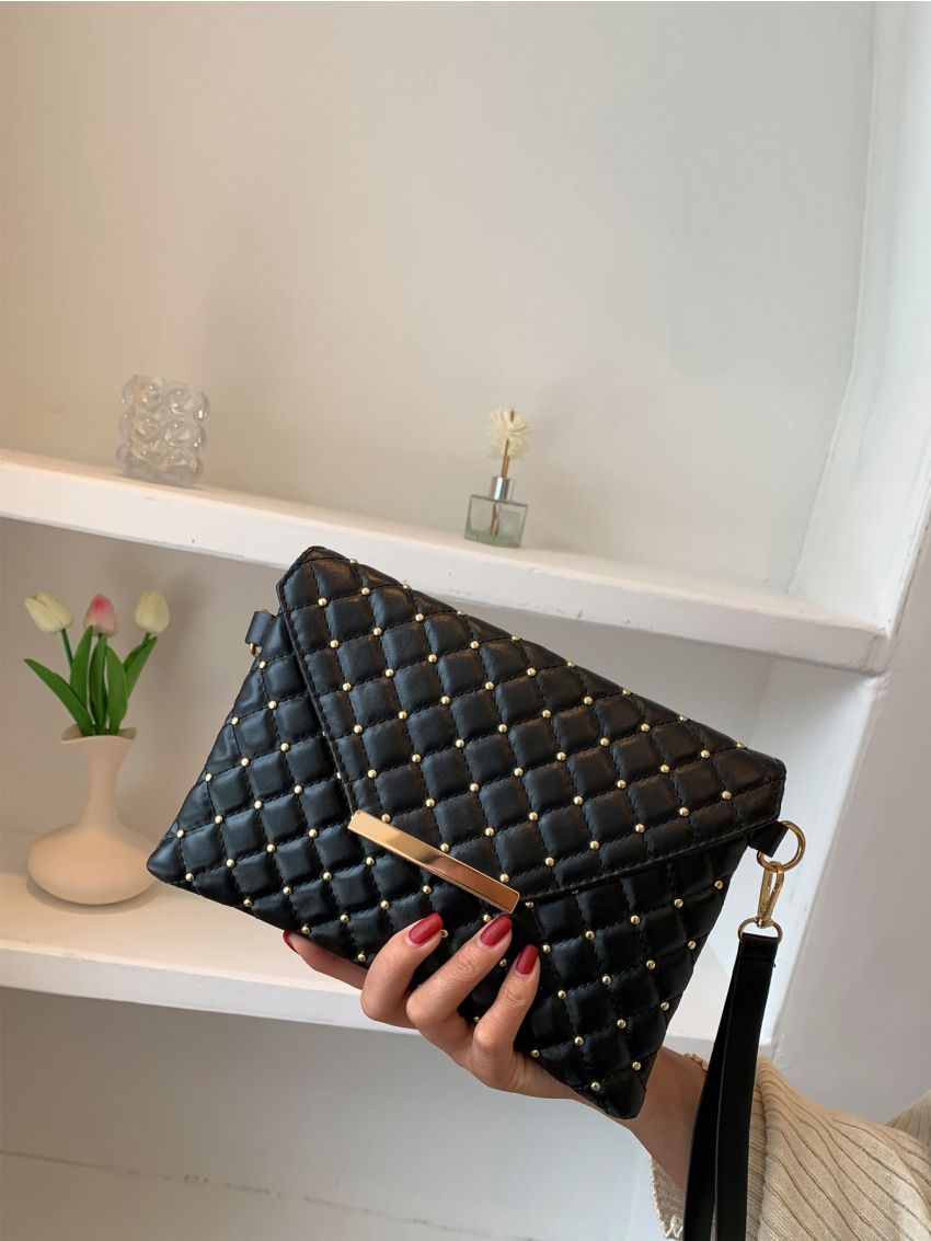 Quilted Studded Decor Flap Square Bag With Wristlet