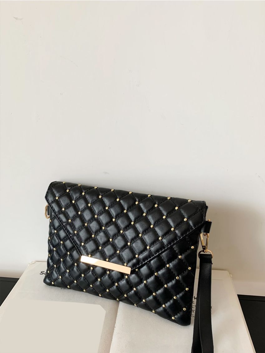 Quilted Studded Decor Flap Square Bag With Wristlet