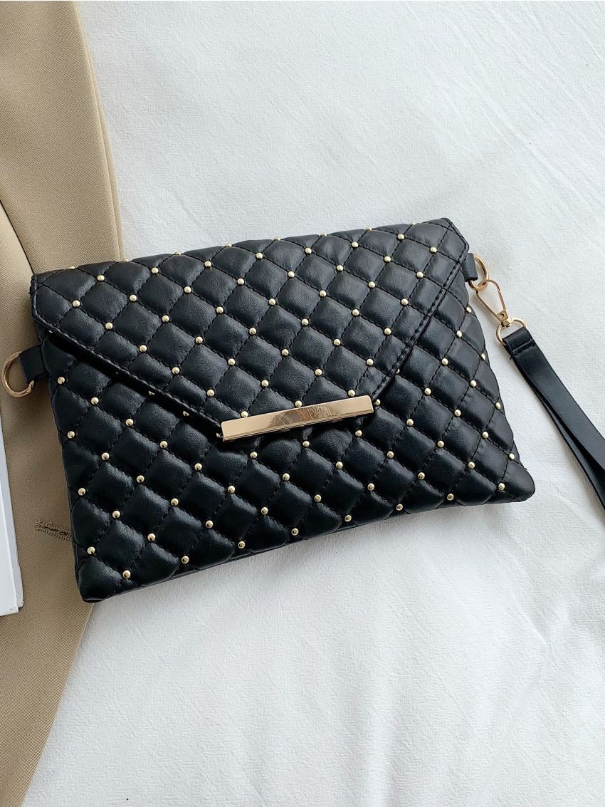 Quilted Studded Decor Flap Square Bag With Wristlet