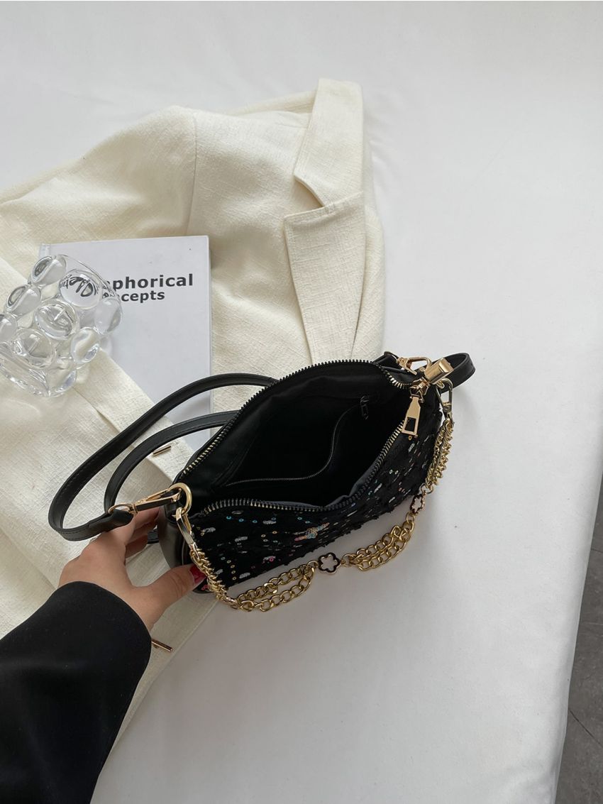 Ripped Sequin & Chain Square Bag