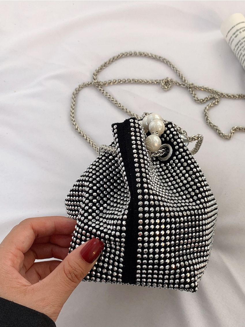 Studded Decor Faux Pearl Beaded Drawstring Design Chain Bucket Bag