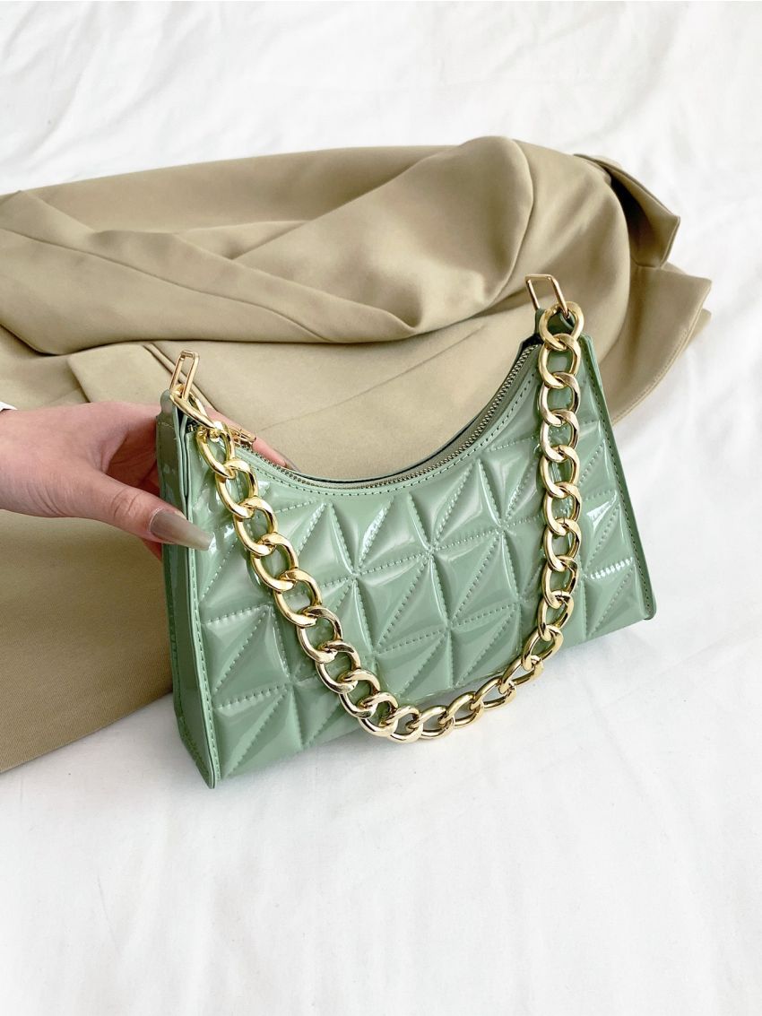 Quilted Chain Artificial Patent Leather Baguette Bag
