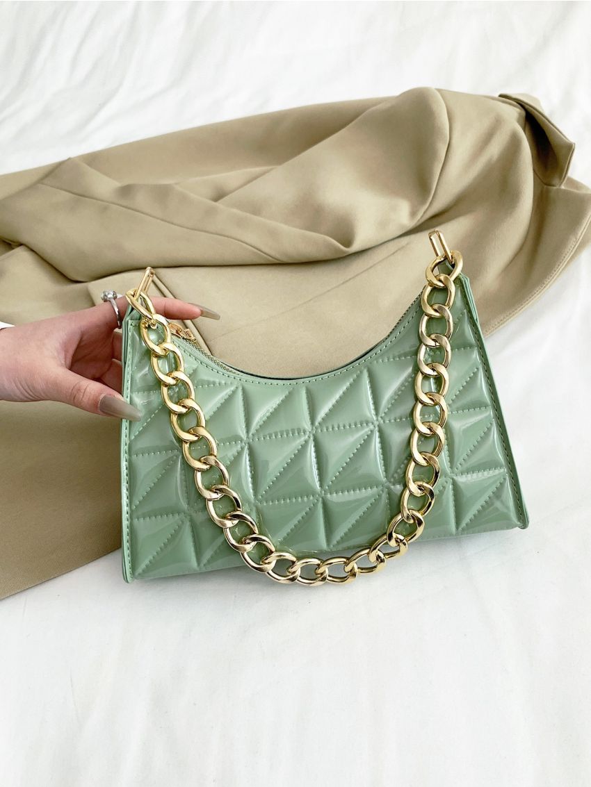Quilted Chain Artificial Patent Leather Baguette Bag
