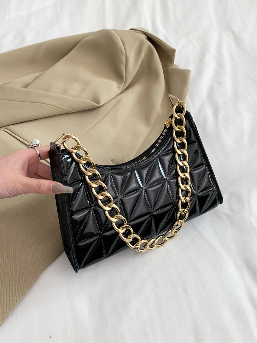 Artificial Patent Leather Quilted Baguette Bag