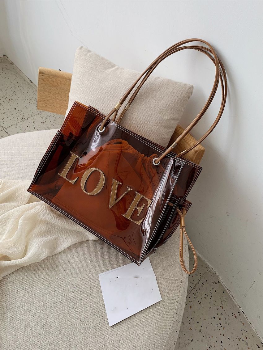 Letter Patch Decor Waterproof Shoulder Tote Bag With Inner Pouch