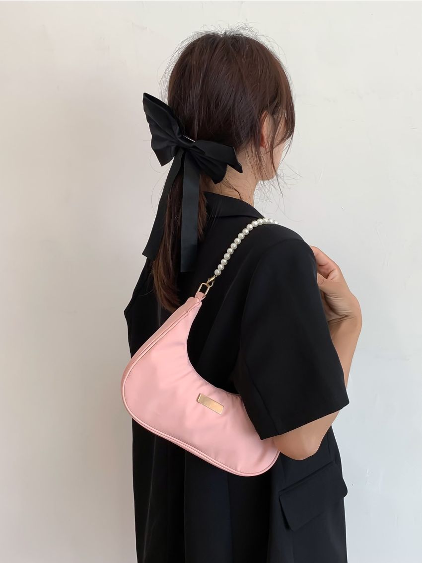 Faux Pearl Chain Baguette Bag