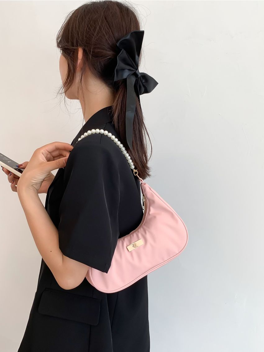 Faux Pearl Chain Baguette Bag