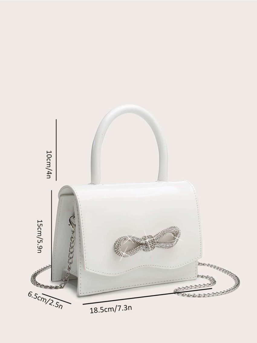 Mini Artificial Patent Leather Rhinestone Bow Decor Flap Square Bag