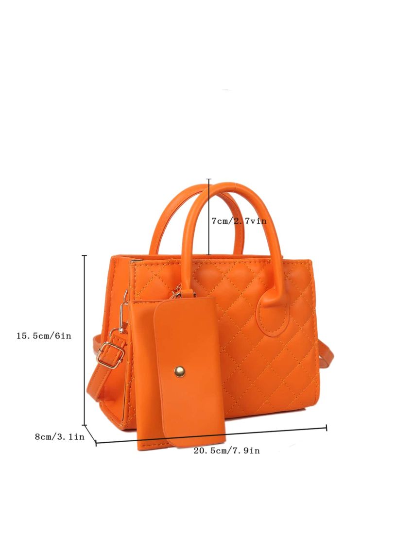 Neon Orange Stitch Detail Double Handle Square Bag With Coin Purse