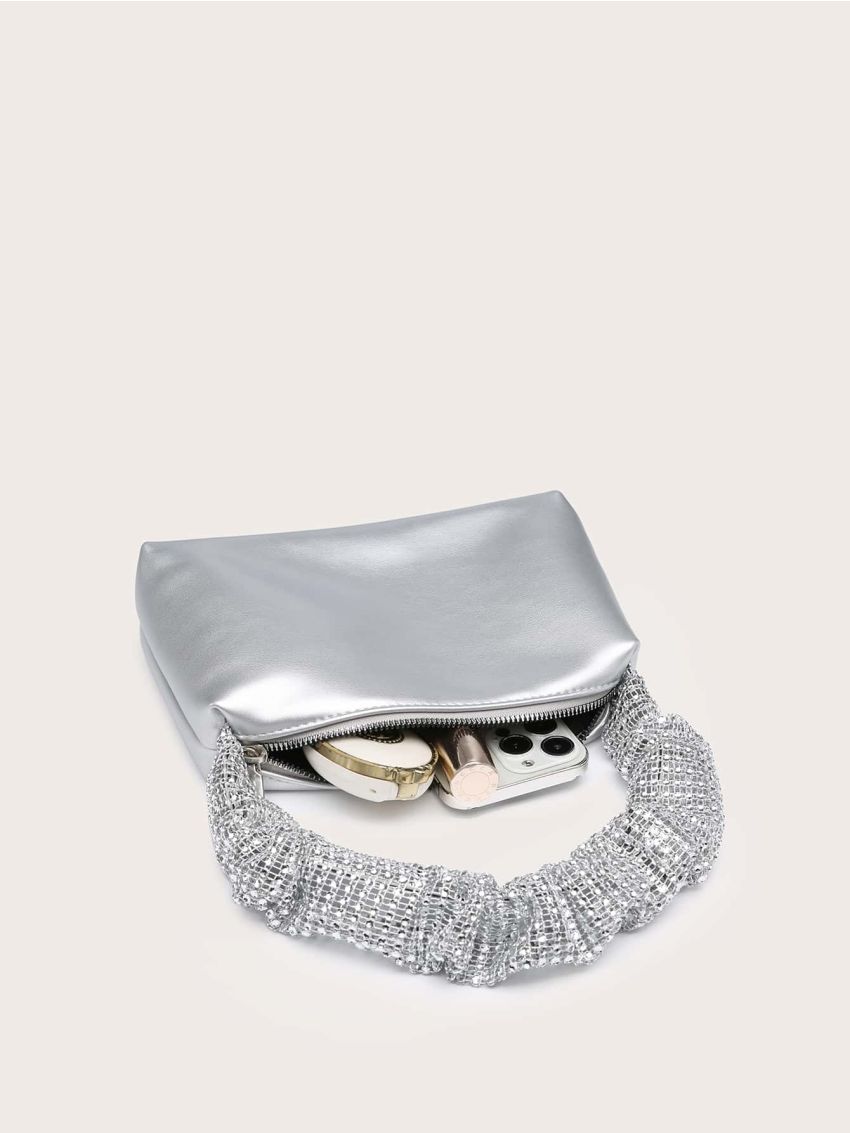 Metallic Rhinestone Decor Top Handle Square Bag
