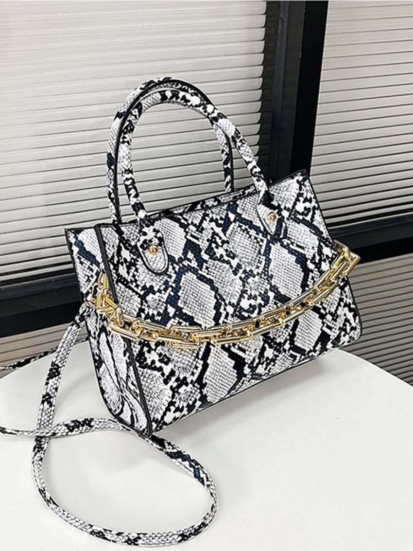 Snakeskin Embossed Chain Decor Double Handle Square Bag