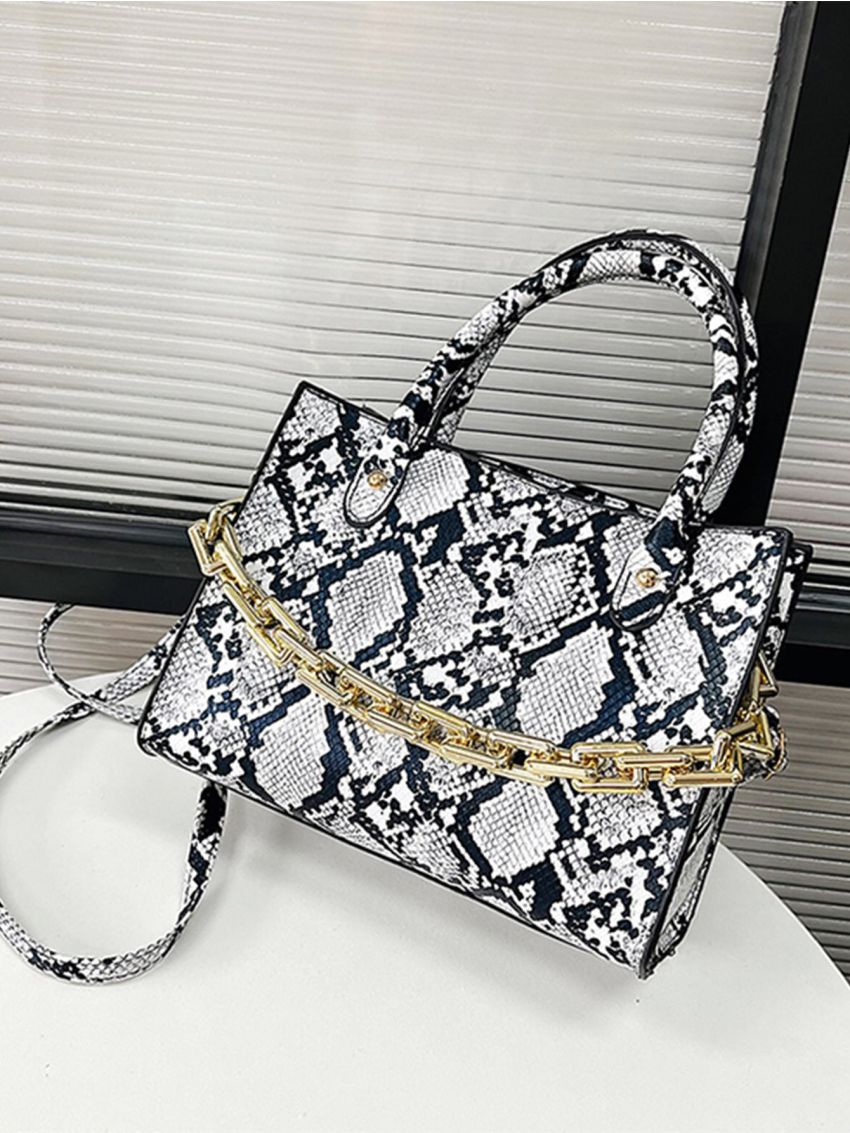 Snakeskin Embossed Chain Decor Double Handle Square Bag