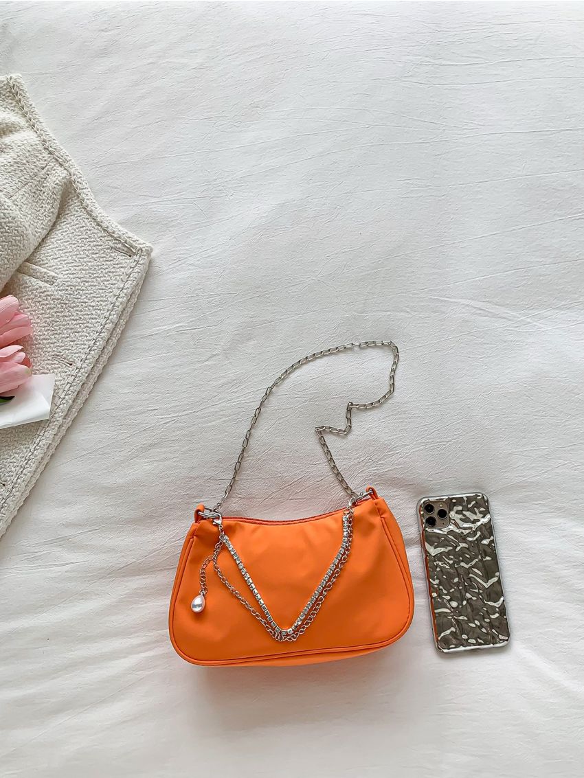Neon Orange Chain Baguette Bag