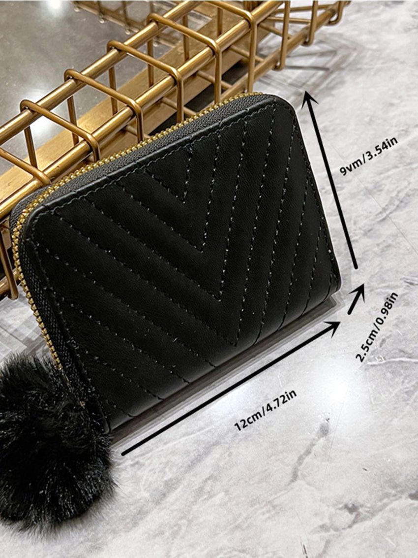 Chevron Quilted Pom Pom Decor Coin Purse