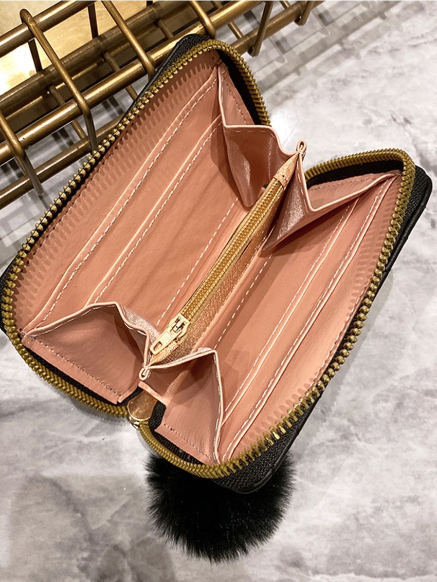 Chevron Quilted Pom Pom Decor Coin Purse