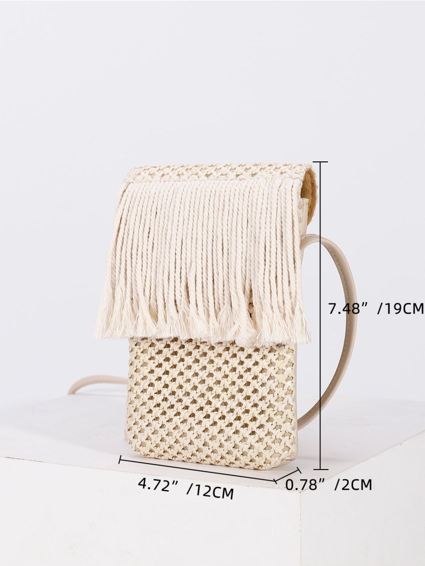 Fringe Decor Flap Straw Phone Wallet