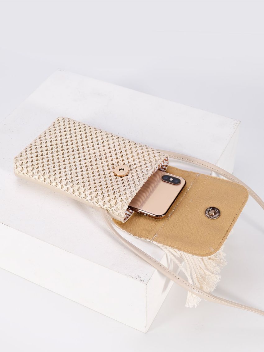 Fringe Decor Flap Straw Phone Wallet