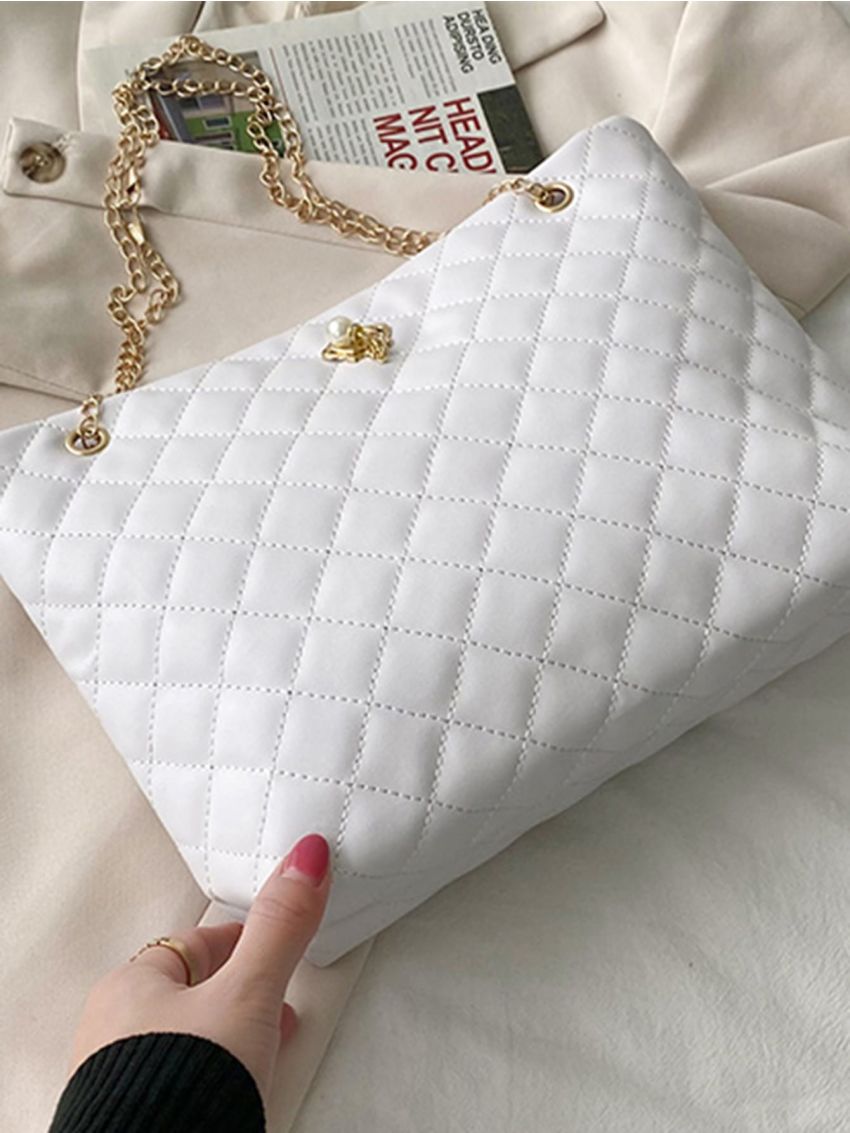 Quilted Crown & Faux Pearl Decor Shoulder Tote Bag